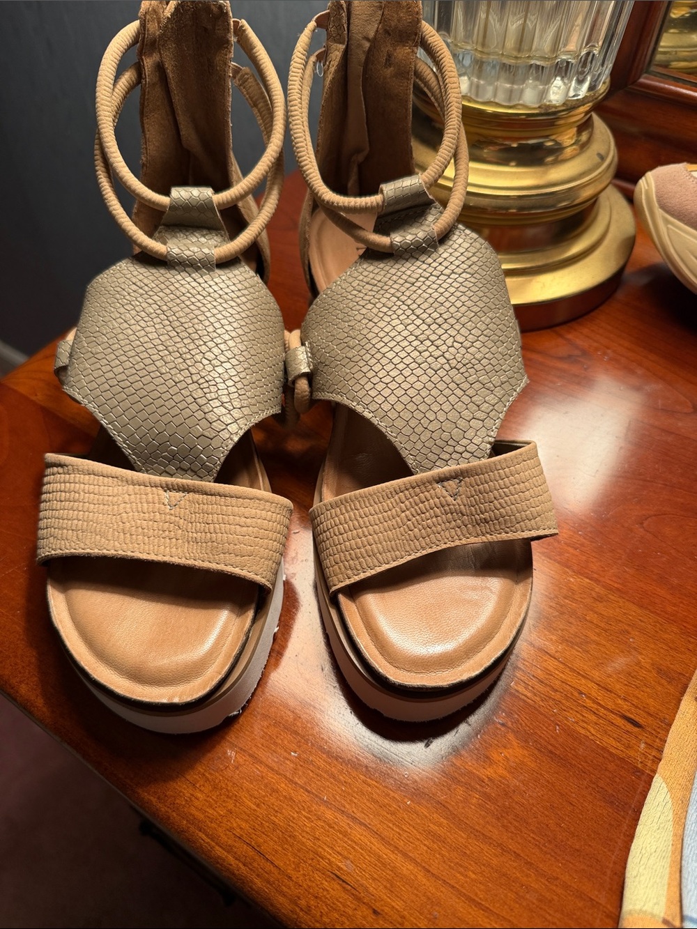 Textured Tan Platform Sandals with Ankle Wrap